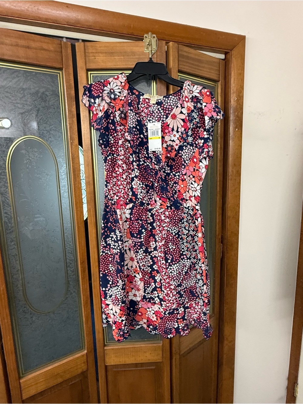 MICHAEL KORS LadiesFloral Printed Cap-Sleeve Dress in Navy and Coral, BRAND NEW
